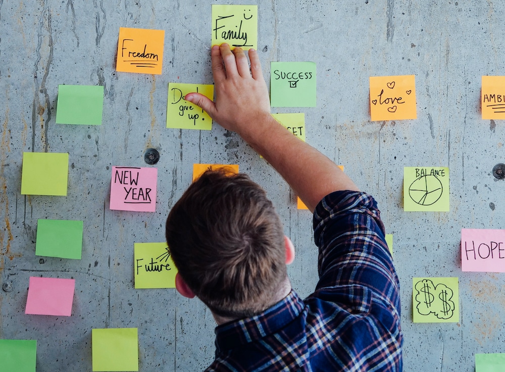 Young Man with shot note concept on the wall inspiration quote