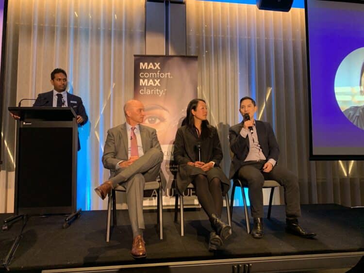 At the Melbourne launch event (from left) J&J's Dr Kurt Moody with Victorian optometrists Jessica Chi and Darran Yeow. Image: Prime Creative Media.