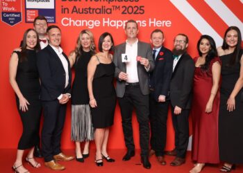 Picking up Specsavers’ award at the recent BPTW ceremony were (from left): Natalie Mitchell, Hornsby retail partner; James Dinardo, Warrawong retail partner; Jonathan Roach-Ellis, director of audiology retail; Amie Ryalls, head of professional communications; Karen Clancy, people director ANZ; Paul Bott, managing director ANZ; Dominic Savill, retail director ANZ; Dr Ben Ashby, clinical services director ANZ; Heena Khan, Campbelltown audiology partner; Rheannon Santamaria, head of human resources. Images: Specsavers.