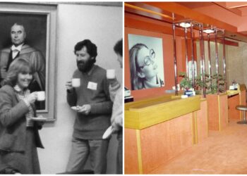 L to R: Australian optometrists at a CPD event in the 1970s; A historic OPSM store. Images: ACO & EssilorLuxottica.