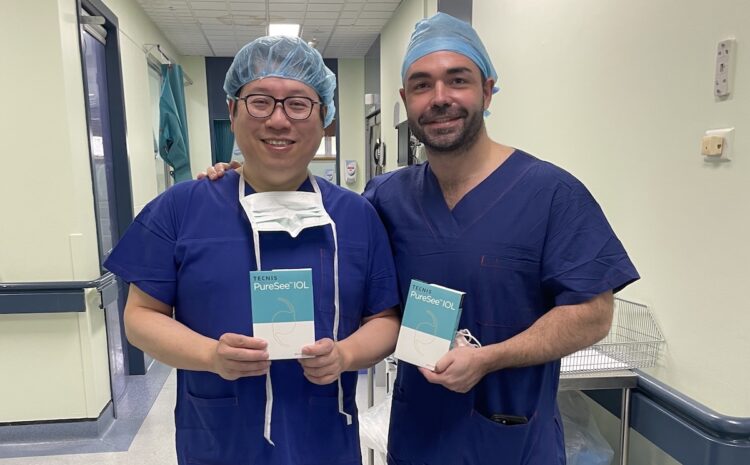 Dr Season Yeung (left) and Warwick Kelly, J&J Vision’s NSW territory manager, after another successful implantation of the TECNIS PureSee IOL. Images: Season Yeung.