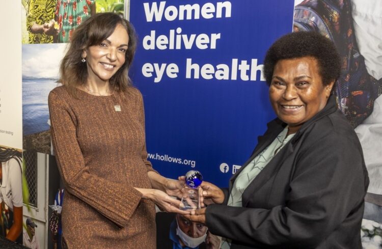 Australian Minister for International Development Dr Anne Aly (left) and award winner Dr Jambi Garap. Image: Fred Hollows Foundation.