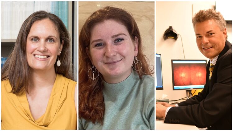 L-R: Ophthalmology experts at Flinders University, Dr Emmanuelle Souzeau, PhD candidate Giorgina Maxwell, Professor Jamie Craig. Image: Flinders University