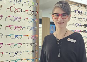 Eyecare Plus Toronto optometrist Ilinca Furdui wearing Prue Cassata C3 Red. Image: Eyecare Plus Toronto.