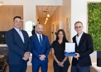 New Optos CEO Alexandre Montague, far right, with (from left) senior vice president of sales North America Joe Phelan, account manager Kevin Kerbert, and optometrist Dr Toral Patel from the US. Image: Optos.